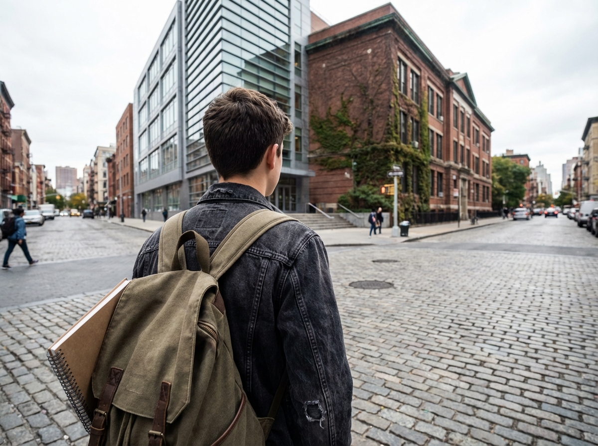 Adolescent devant des bâtiments scolaires en croisement