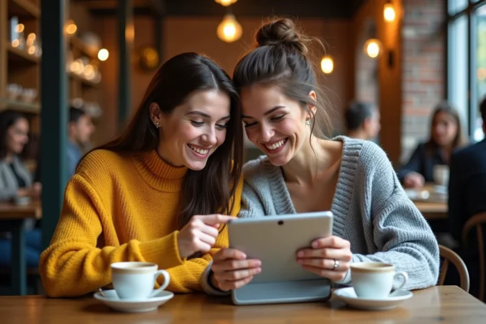 Zwei Freundinnen in einem Café, die gemeinsam eine Schönheitsbewertungsseite auf einem Tablet bei einer Tasse Kaffee konsultieren