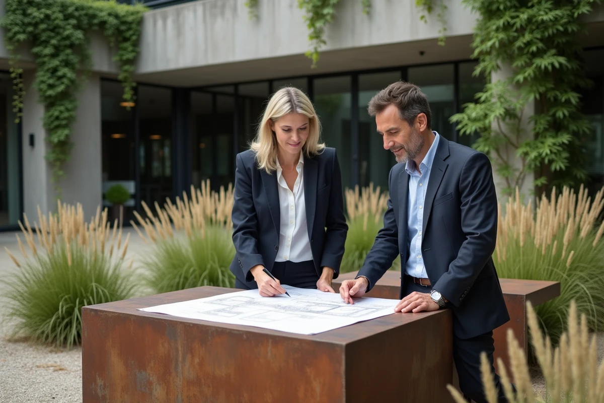 Deux architectes en extérieur examinant des plans