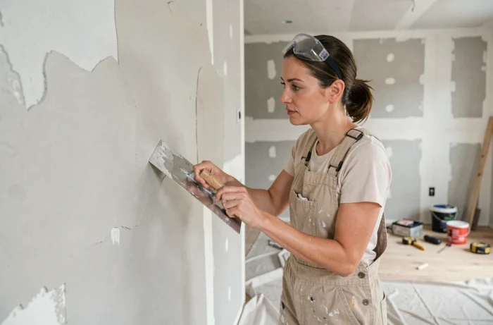 Artisane en salopette appliquant du plâtre sur un mur lors de travaux de rénovation intérieure