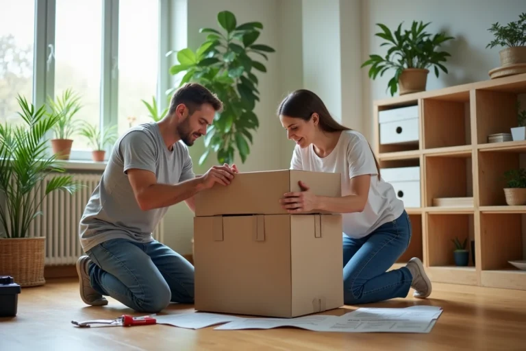 Un couple assemble un meuble dans un salon lumineux