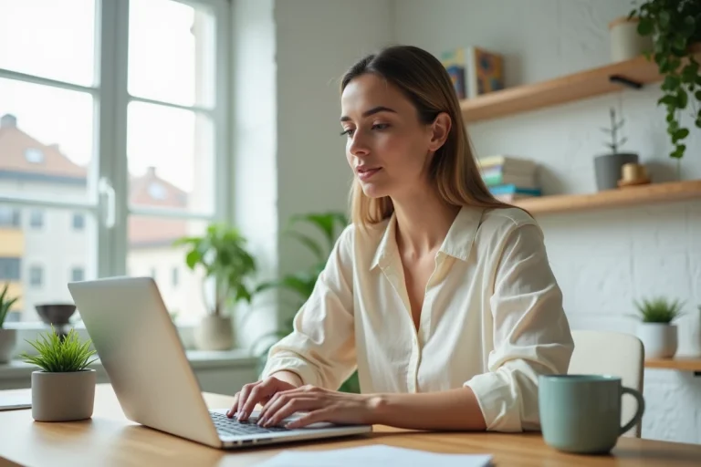 Blogueuse entrepreneuse travaillant sur son ordinateur portable dans un bureau à domicile minimaliste et élégant