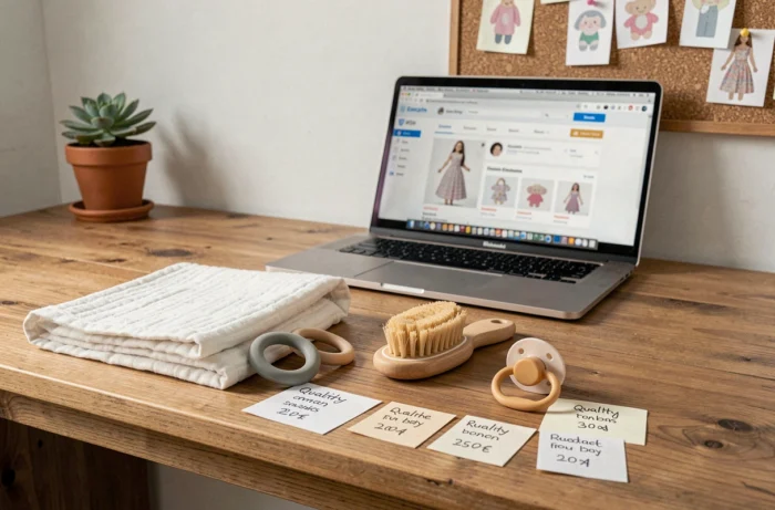 Bureau en bois avec des accessoires pour bébé soigneusement disposés à côté d'un ordinateur portable affichant un comparatif d'achats en ligne