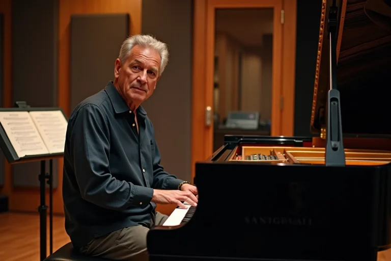Compositeur et producteur de musique assis au piano dans un studio d'enregistrement professionnel, expression concentrée et créative