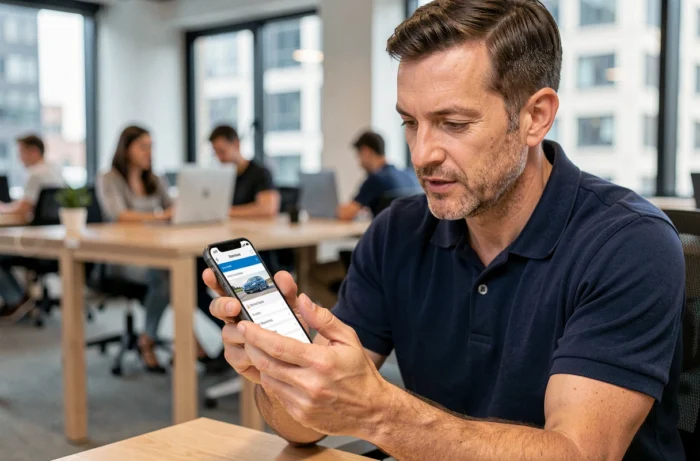 Homme consultant son espace client assurance auto sur smartphone au bureau