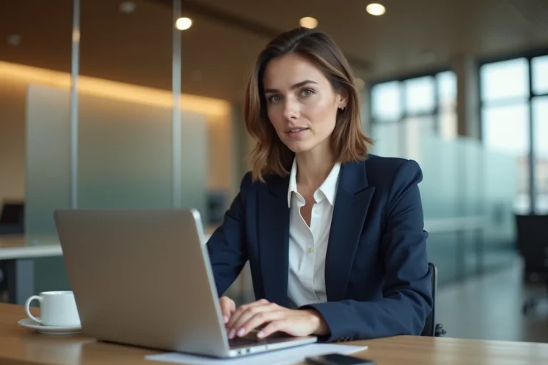 Femme professionnelle assise à son bureau tapant sur un ordinateur portable pour contacter quelqu'un rapidement