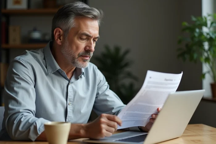 Homme consultant un ordinateur portable pour vérifier un diplôme RNCP dans un bureau à domicile