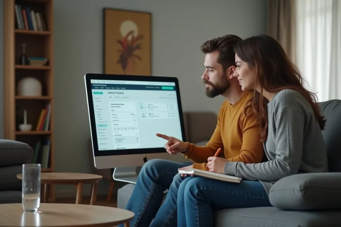 Couple réalisant ensemble des démarches administratives en ligne sur un ordinateur depuis leur salon
