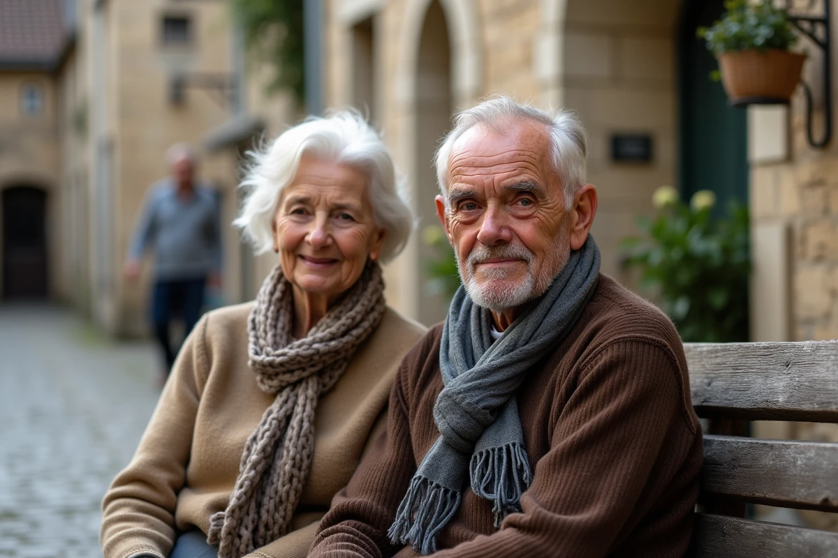Couple de personnes agees dans un village francais authentique
