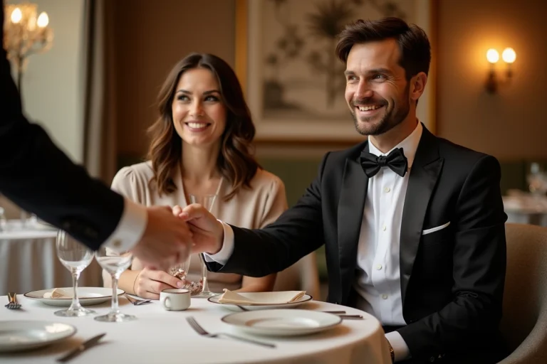 Couple élégant donnant un pourboire discret au serveur