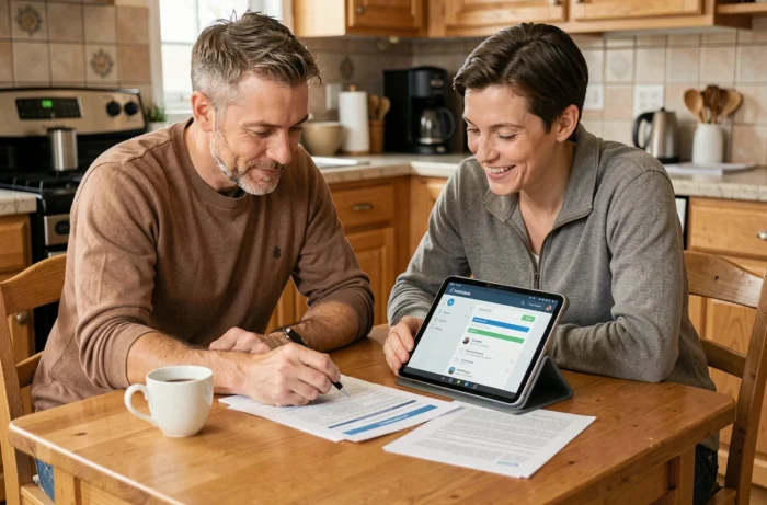 Couple examinant des documents d'assurance auto avec un espace client en ligne sur tablette dans une cuisine