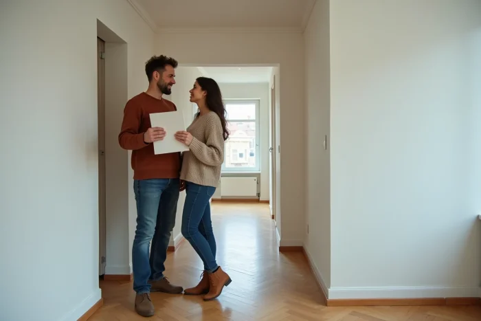 Couple de locataires visitant un appartement vide avec les documents du bail protect en main