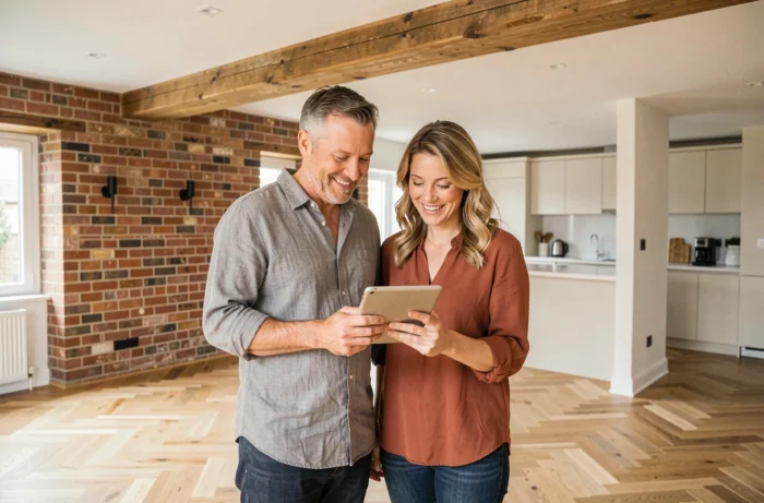 Couple satisfait consultant une tablette dans leur maison rénovée avec parquet en chêne et mur en brique