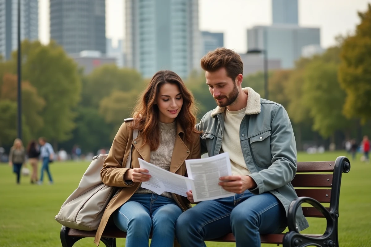 Jeune couple planifiant leur voyage sur un banc dans un parc