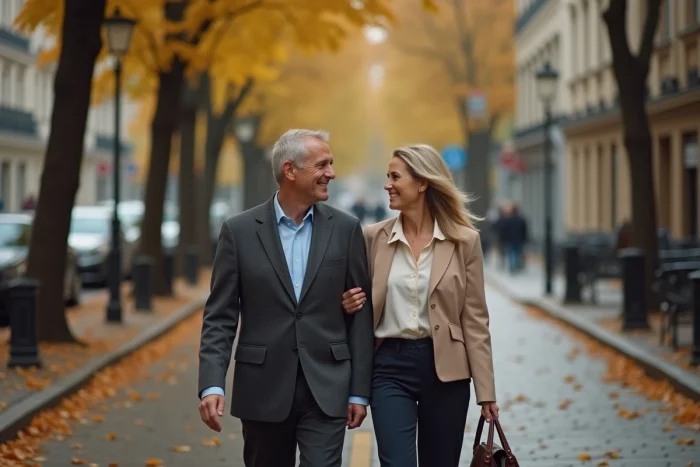 Couple élégant se promenant dans une rue parisienne pavée en automne, illustrant la vie privée d'un personnage public