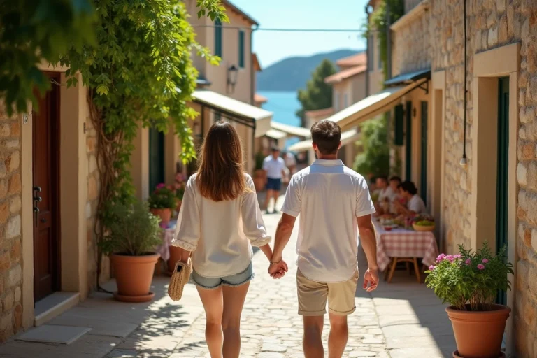 Jeune couple en vacances dans un village corse