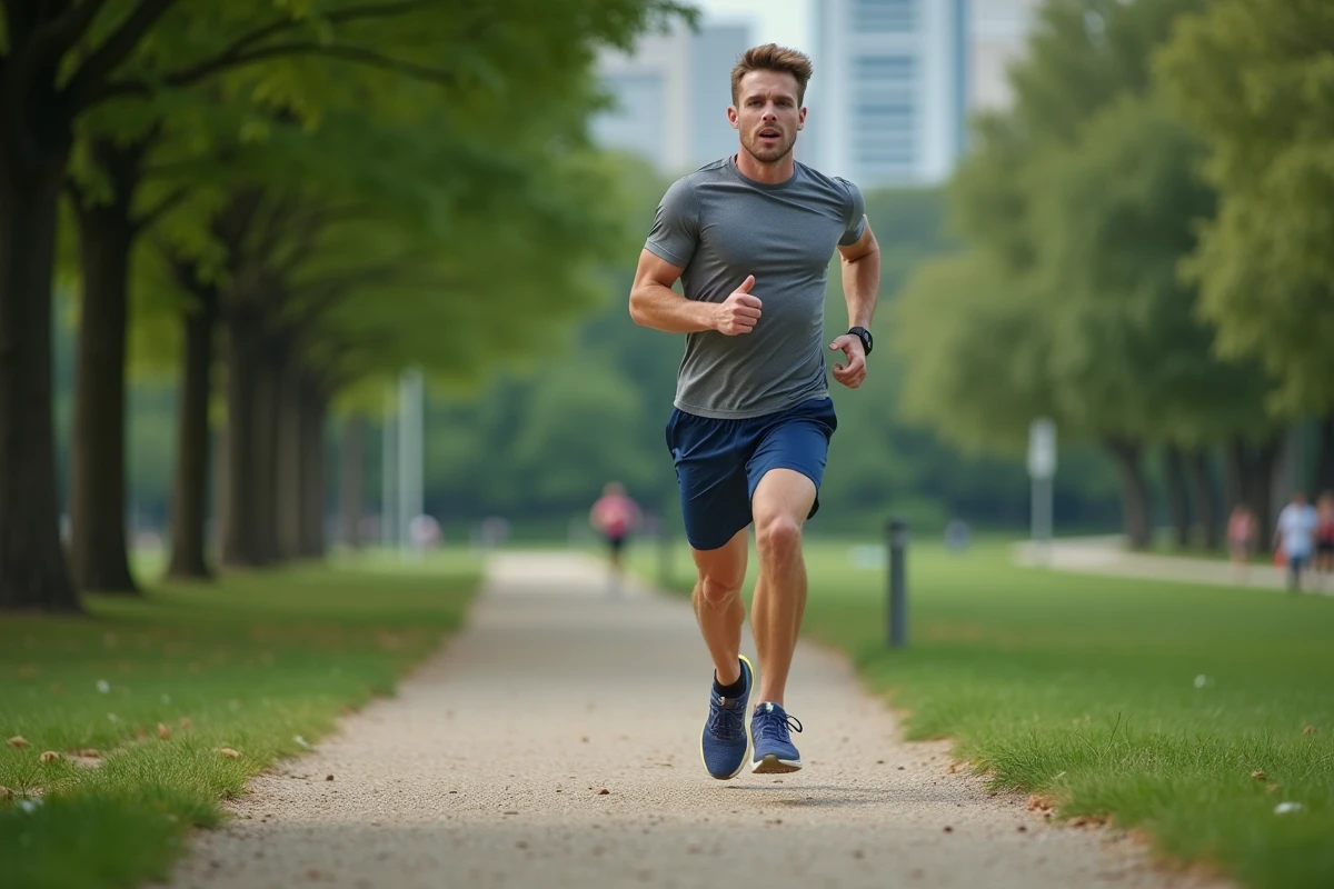 Jeune homme courant dans un parc urbain