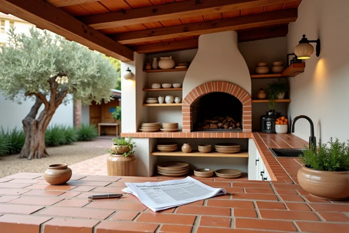 Cozinha de verão mediterrânea com forno a pizza e aviso de imposto sobre a propriedade colocado sobre a bancada de pedra