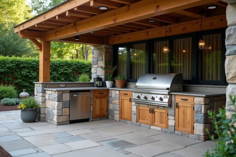 Cuisine d'été moderne en inox et granit installée sur une terrasse de jardin avec pergola en bois