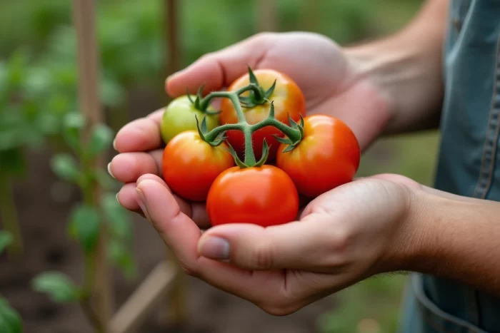 Mains tenant une grappe de tomates à différents stades de mûrissement, du vert au rouge, illustrant le cycle de croissance sur la même tige