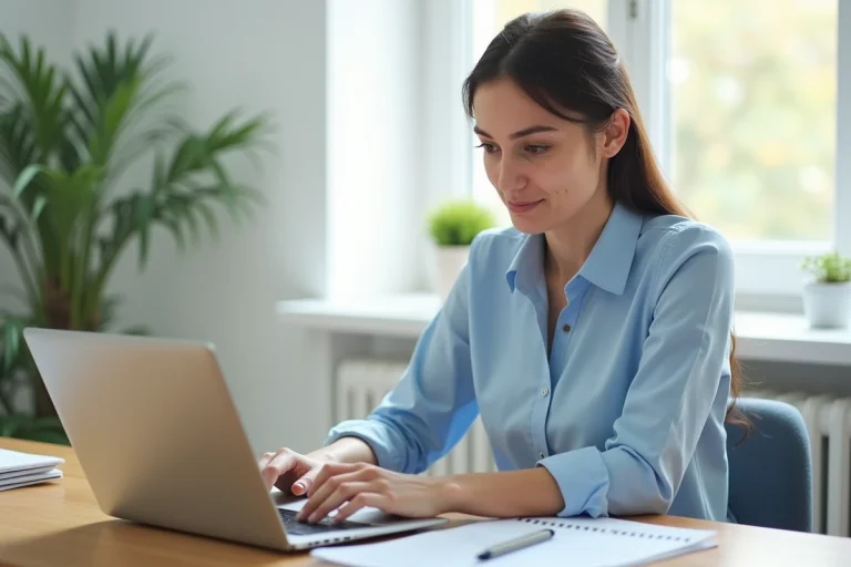 Femme effectuant des démarches administratives en ligne sur un ordinateur portable depuis son bureau à domicile