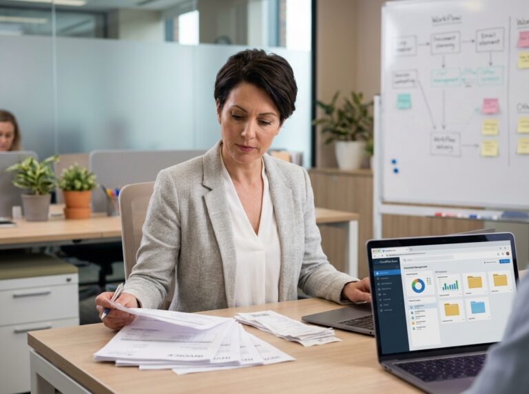 Responsable administrative en entreprise comparant des factures papier et une solution de dématérialisation sur son ordinateur portable