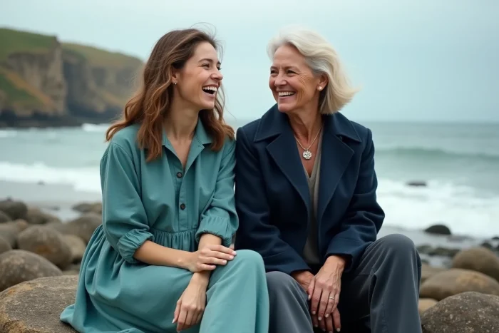 Deux femmes en tenues mode marine durables assises sur des rochers au bord de mer, robe en lin et manteau peacoat bleu marine, style côtier éco-responsable