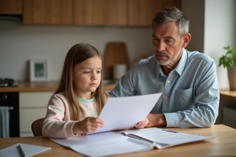 Fille et beau-pere regardant des documents à la cuisine
