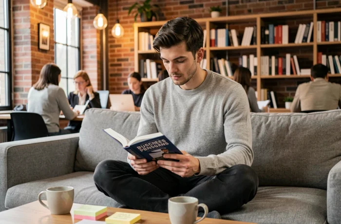 Jeune entrepreneur lisant un livre de ressources business dans un espace de coworking moderne et inspirant