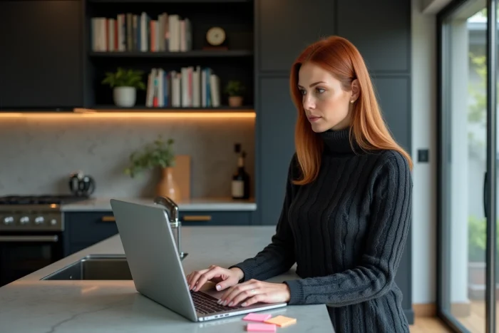 Entrepreneuse blogueuse debout à un bureau improvisé dans une cuisine moderne, entourée de notes et d'un ordinateur portable
