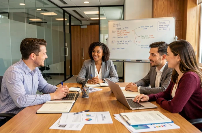 Équipe de professionnels discutant de stratégies et ressources pour développer leur entreprise en salle de réunion