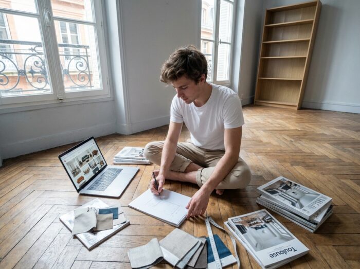 Étudiant planifiant l'aménagement intérieur de son nouvel appartement toulousain entouré de magazines de décoration et de croquis