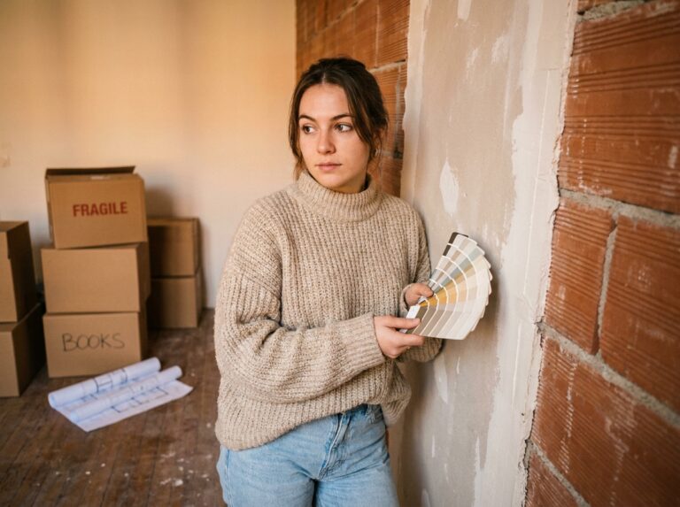 Étudiante choisissant des couleurs de peinture dans un appartement étudiant à Toulouse avec briques apparentes et cartons de déménagement