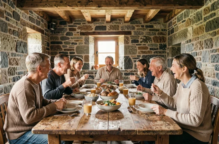 Portrait de famille bretonne réunie autour d'un repas dans une ferme en pierre traditionnelle de Bretagne