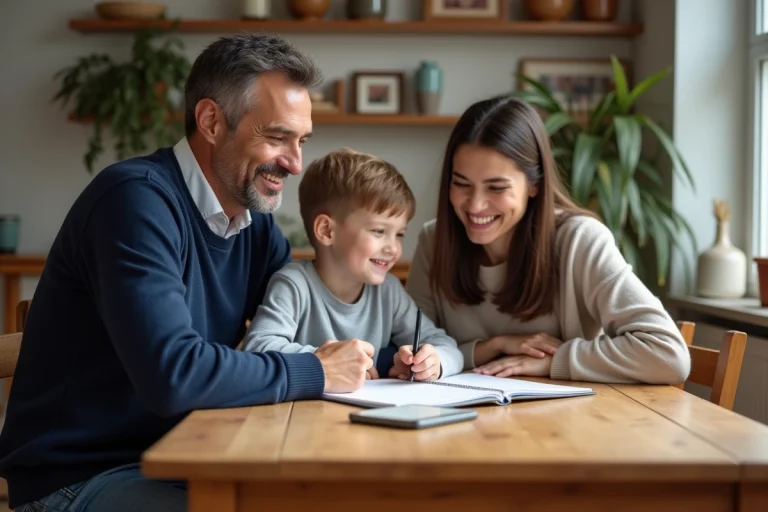 Famille souriante autour d'une table en appartement lumineux