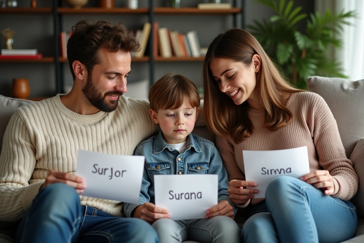 Famille assise sur le canapé discutant de noms de famille