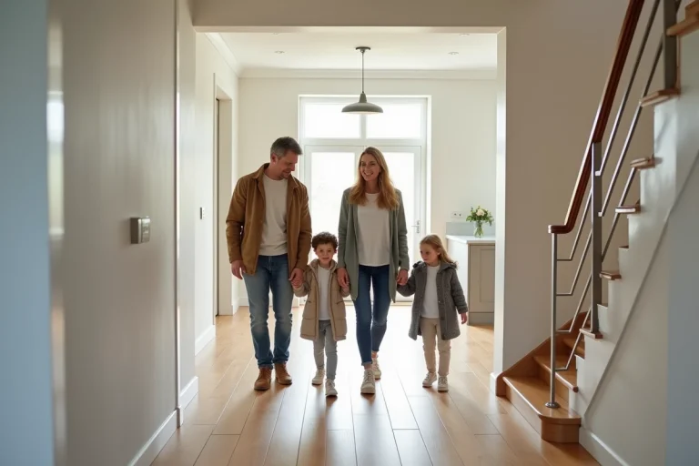 Famille dans l'entrée moderne d'une maison T6 lumineuse