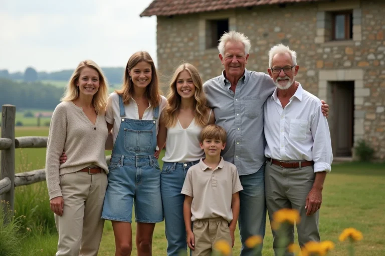 Famille rurale française multigenerations devant ferme ancienne