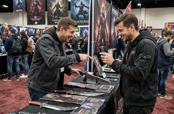 Deux fans de Bloodborne découvrant des répliques d'armes lors d'une convention de jeux vidéo