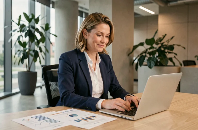 Femme d'affaires professionnelle analysant des ressources business sur son bureau dans un bureau moderne