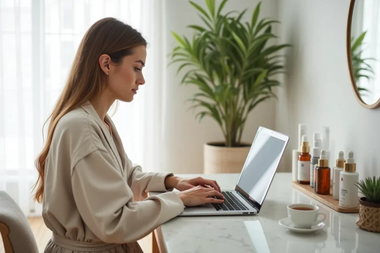 Jeune femme consultant des avis beauté en ligne sur un ordinateur portable posé sur une coiffeuse en marbre blanc avec des produits de soin