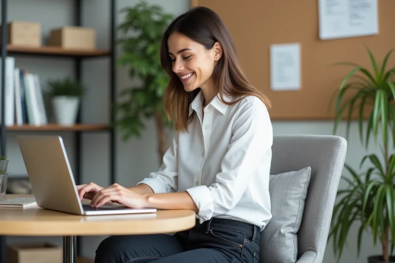 Femme au bureau moderne travaillant sur son ordinateur