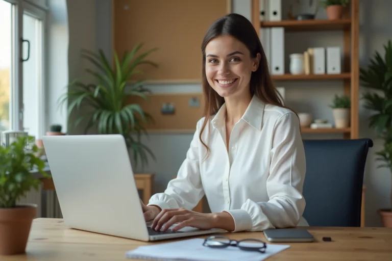 Jeune femme au bureau avec ordinateur portable et ambiance chaleureuse