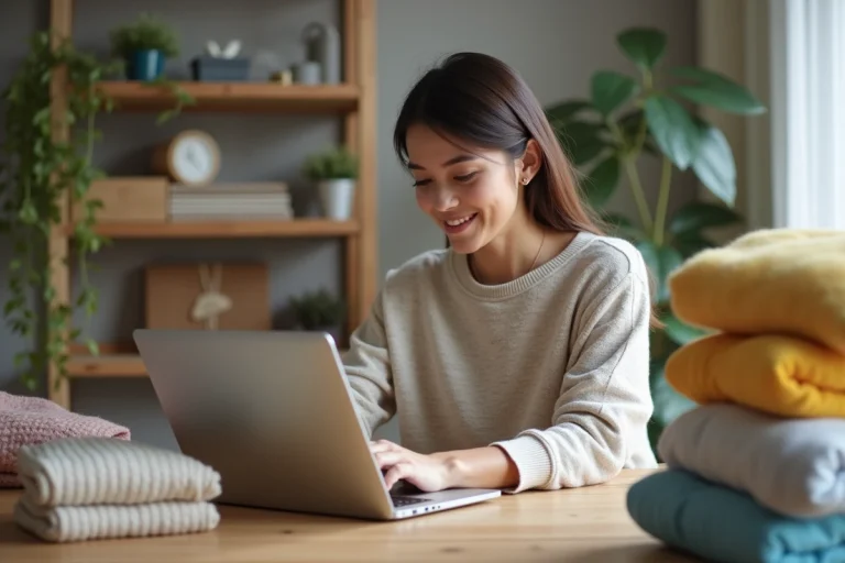 Femme assise à son bureau en ligne shopping confortable