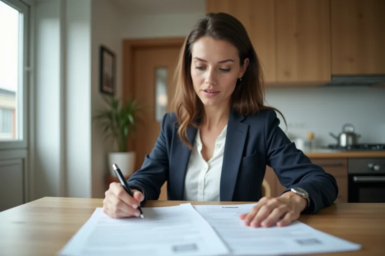Femme professionnelle examine deux contrats de location d'appartement
