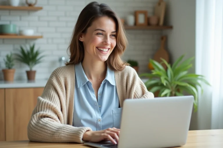Femme souriante travaillant sur son ordinateur dans une cuisine moderne