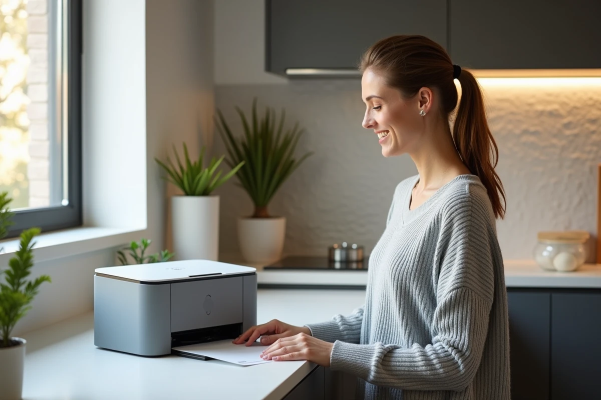 Jeune femme déballant une imprimante dans sa cuisine lumineuse