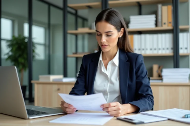 Femme examinant un diplôme dans un bureau moderne