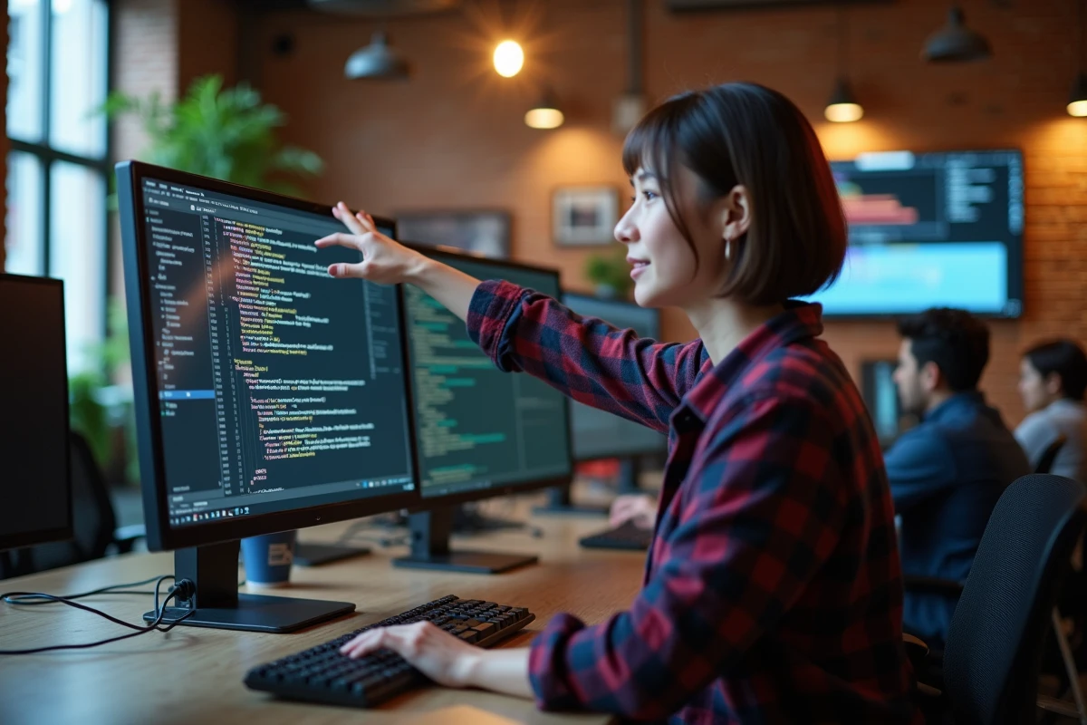 Jeune femme pointant un écran Linux dans un espace de coworking