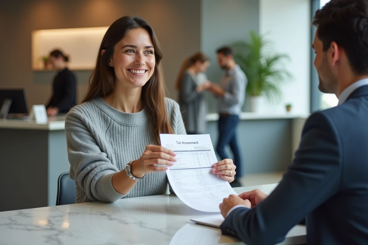 Femme souriante remet un document d